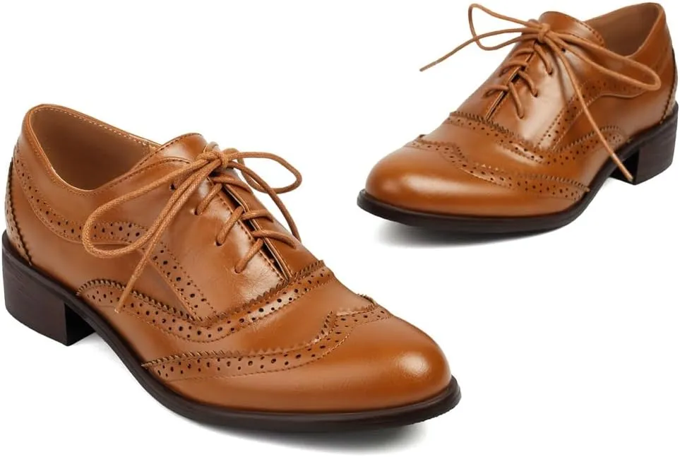 Women's Flat Saddle Oxford Shoes Round Toe Wingtip Lace Up Low Heel Perforated School Uniform Oxfords Brogues