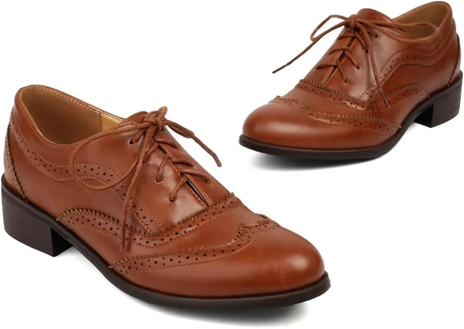 Women's Flat Saddle Oxford Shoes Round Toe Wingtip Lace Up Low Heel Perforated School Uniform Oxfords Brogues