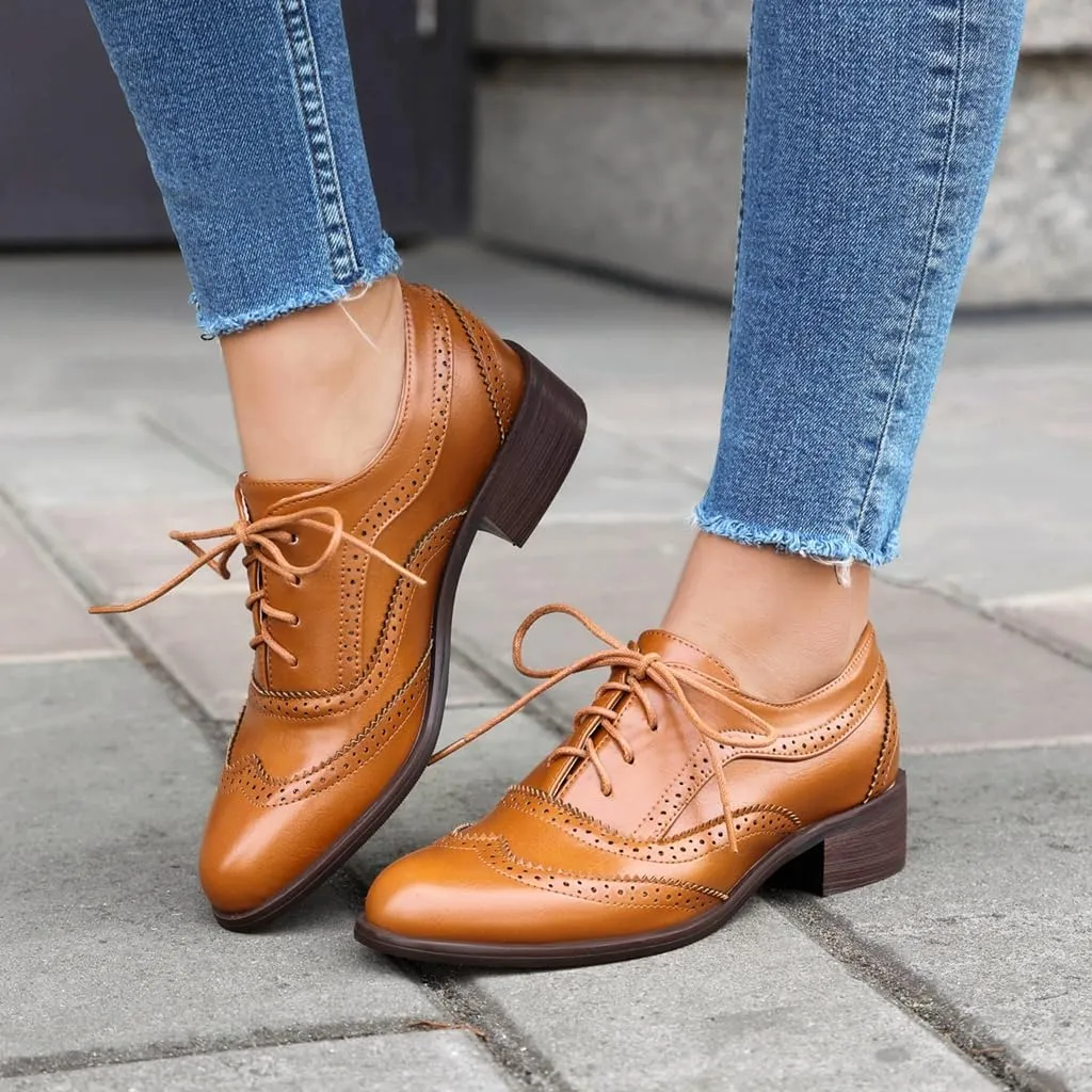 Women's Flat Saddle Oxford Shoes Round Toe Wingtip Lace Up Low Heel Perforated School Uniform Oxfords Brogues