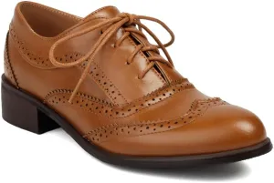 Women's Flat Saddle Oxford Shoes Round Toe Wingtip Lace Up Low Heel Perforated School Uniform Oxfords Brogues
