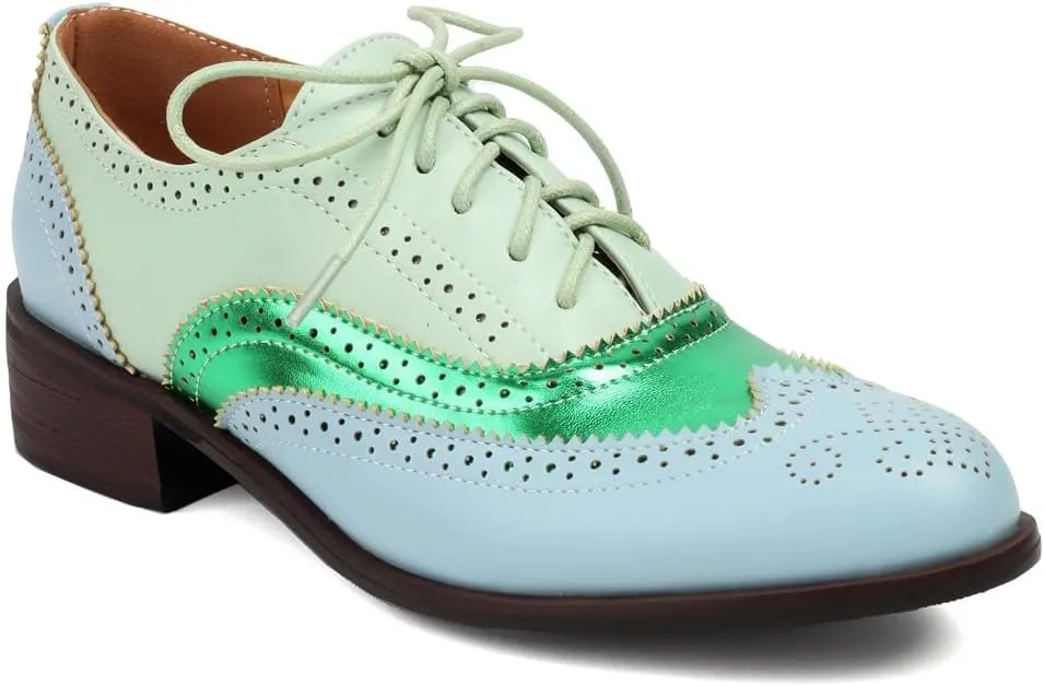 Women's Flat Saddle Oxford Shoes Two Toned Wingtip Perforated Lace Up Low Heel School Uniform Oxfords Brogues