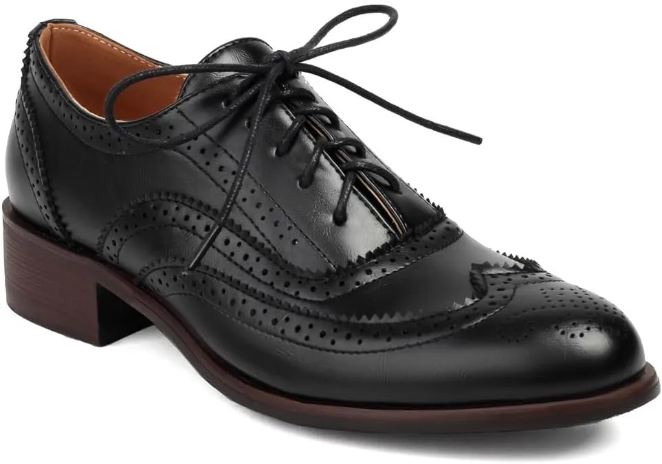 Women's Flat Saddle Oxford Shoes Two Toned Wingtip Perforated Lace Up Low Heel School Uniform Oxfords Brogues