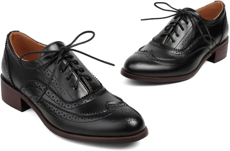 Women's Flat Saddle Oxford Shoes Two Toned Wingtip Perforated Lace Up Low Heel School Uniform Oxfords Brogues