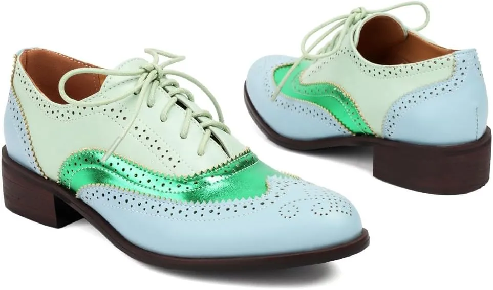 Women's Flat Saddle Oxford Shoes Two Toned Wingtip Perforated Lace Up Low Heel School Uniform Oxfords Brogues