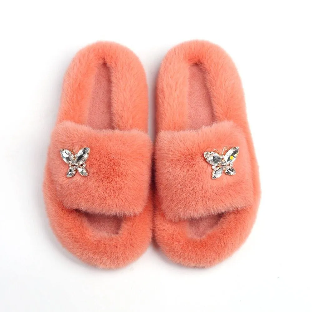 Women's Furry Slides W/ Butterfly Detail