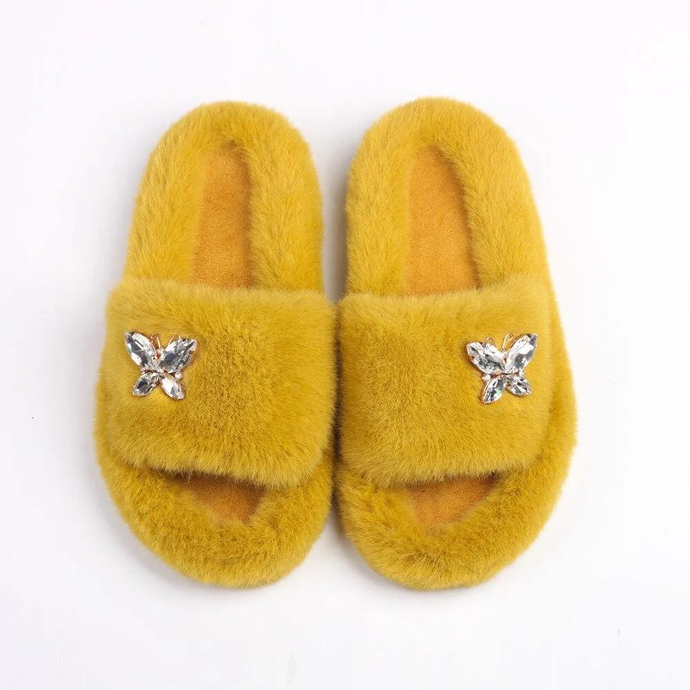 Women's Furry Slides W/ Butterfly Detail