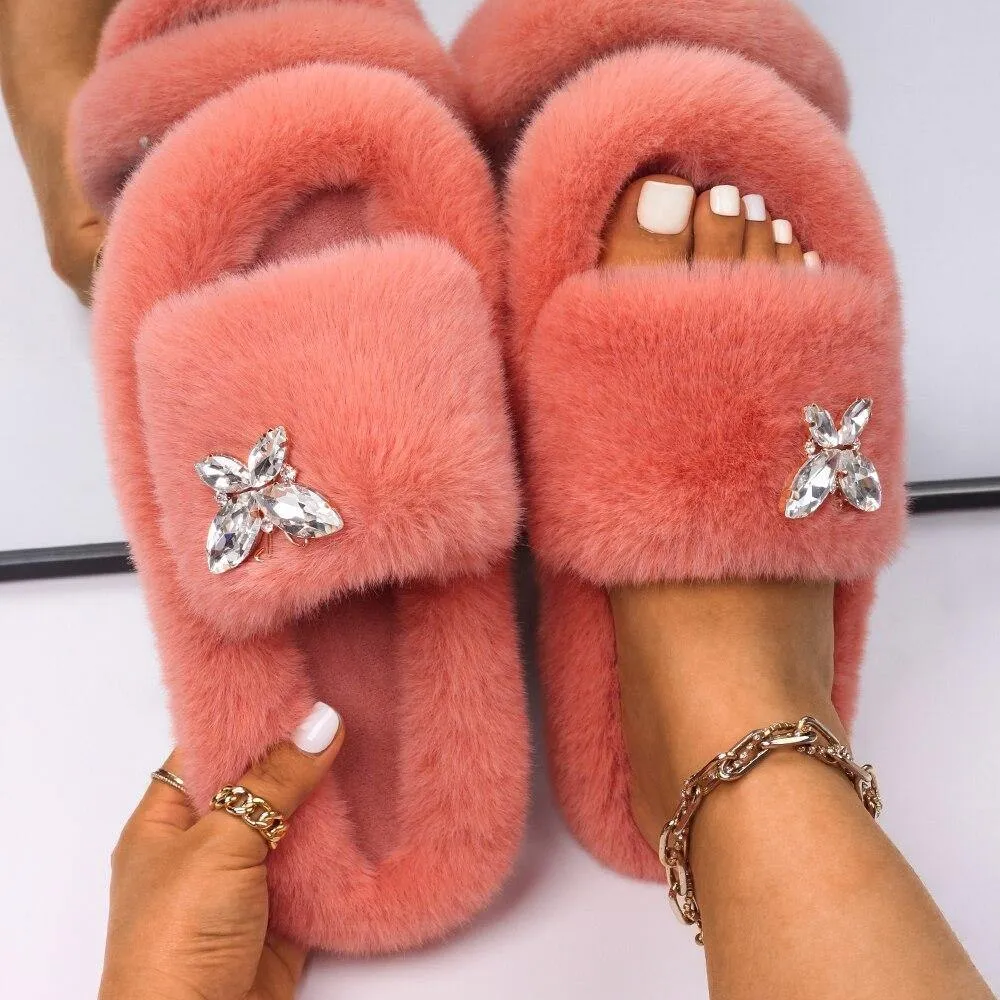Women's Furry Slides W/ Butterfly Detail