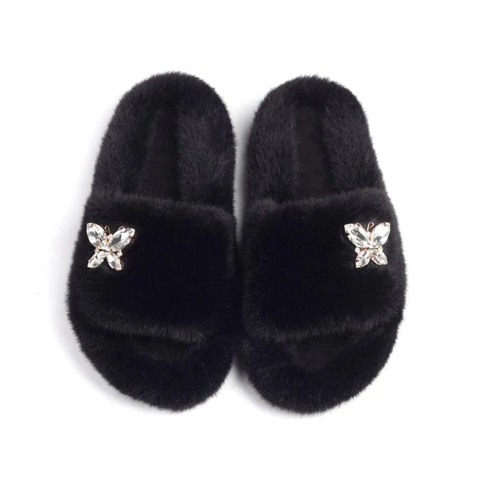 Women's Furry Slides W/ Butterfly Detail