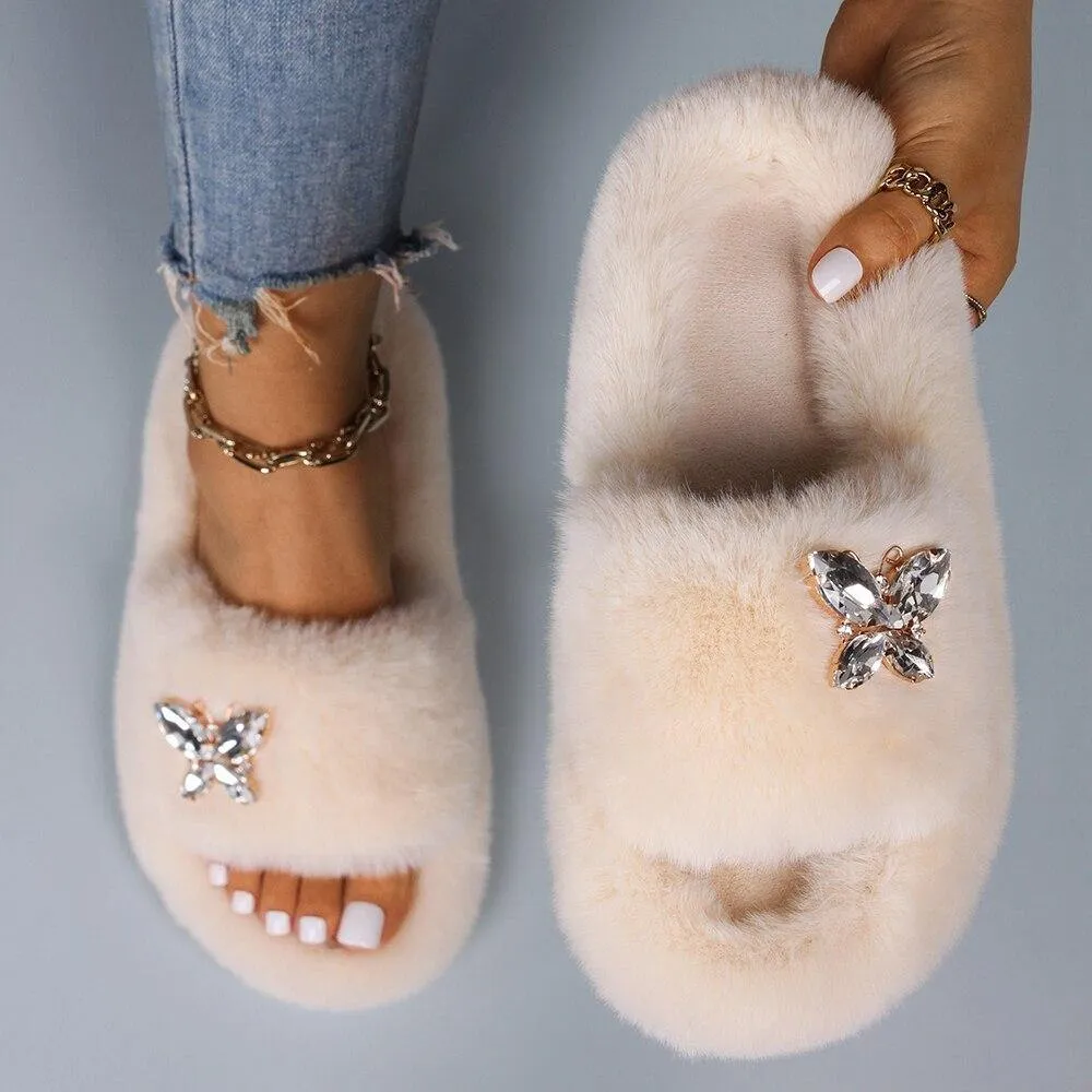 Women's Furry Slides W/ Butterfly Detail