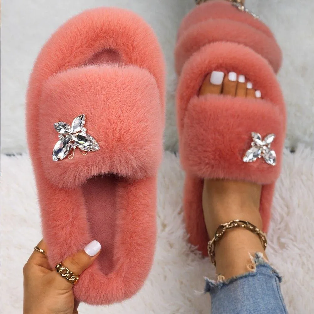Women's Furry Slides W/ Butterfly Detail
