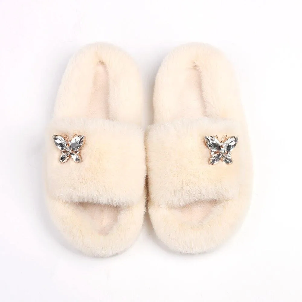Women's Furry Slides W/ Butterfly Detail