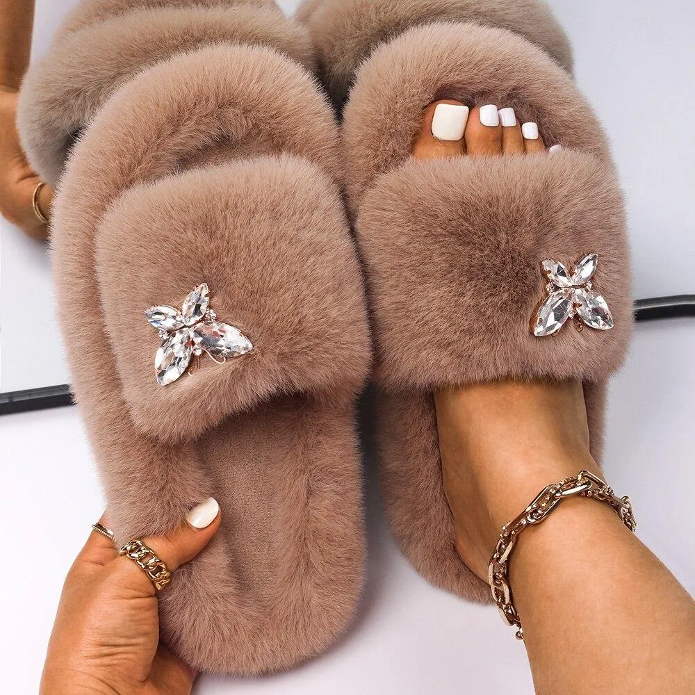 Women's Furry Slides W/ Butterfly Detail