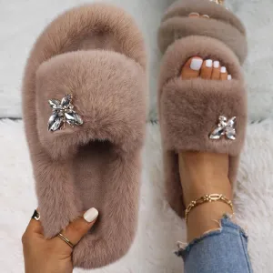 Women's Furry Slides W/ Butterfly Detail