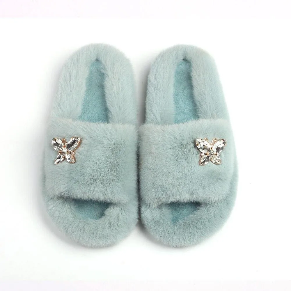Women's Furry Slides W/ Butterfly Detail