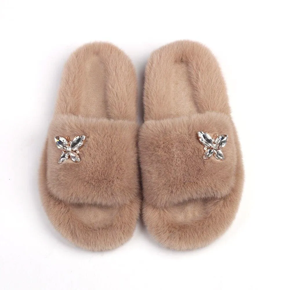Women's Furry Slides W/ Butterfly Detail