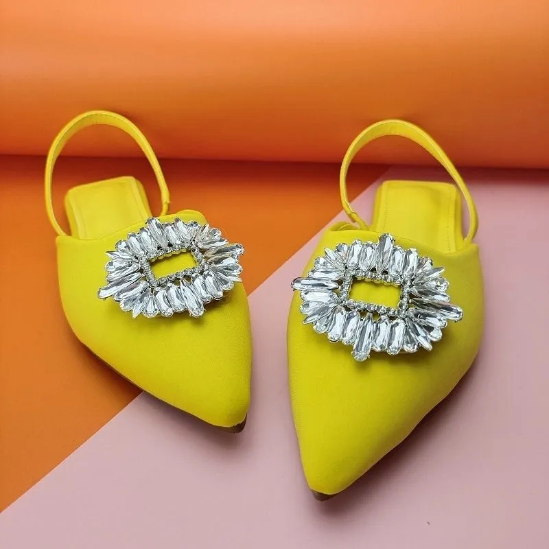 Women's Multicolor Satin Rhinestone Pointed Toe Flats