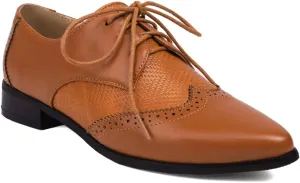 Women's Pointed Toe Flat Saddle Oxford Shoes Lace Up Low Heel Perforated School Uniform Vintage Oxfords Brogues