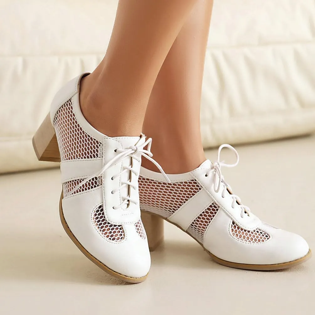 Women's Round Toe Chunky High Heels Oxford Shoes Mesh Cutout Lace Up Wingtip Brogues Saddle Shoes