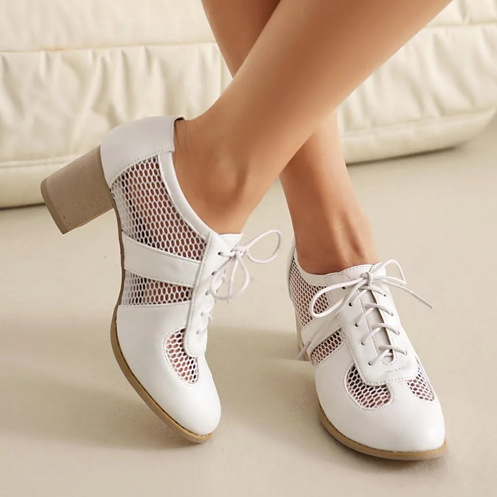 Women's Round Toe Chunky High Heels Oxford Shoes Mesh Cutout Lace Up Wingtip Brogues Saddle Shoes