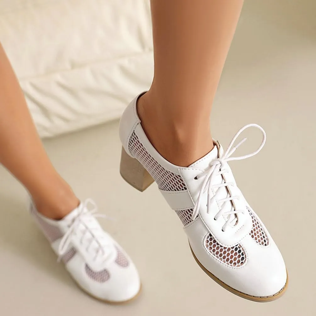 Women's Round Toe Chunky High Heels Oxford Shoes Mesh Cutout Lace Up Wingtip Brogues Saddle Shoes