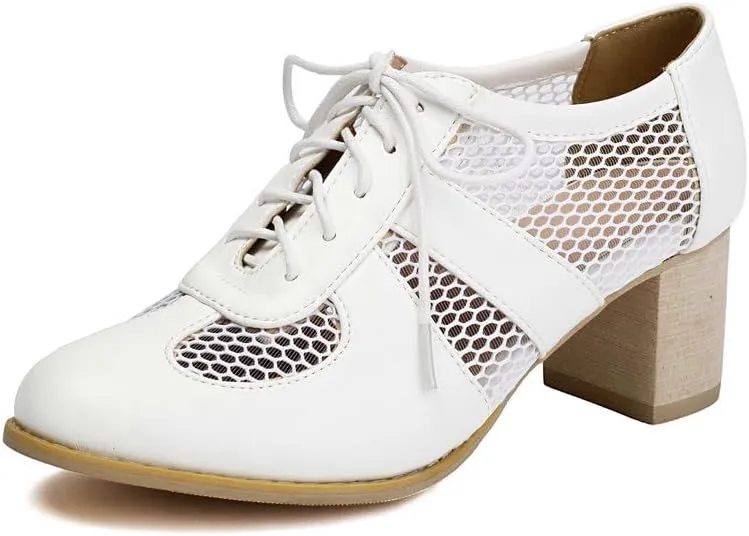 Women's Round Toe Chunky High Heels Oxford Shoes Mesh Cutout Lace Up Wingtip Brogues Saddle Shoes