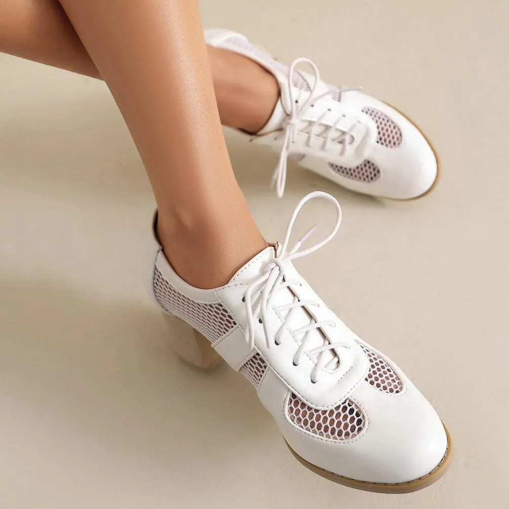 Women's Round Toe Chunky High Heels Oxford Shoes Mesh Cutout Lace Up Wingtip Brogues Saddle Shoes