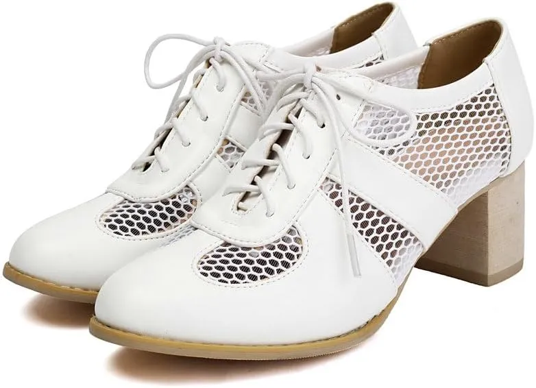 Women's Round Toe Chunky High Heels Oxford Shoes Mesh Cutout Lace Up Wingtip Brogues Saddle Shoes