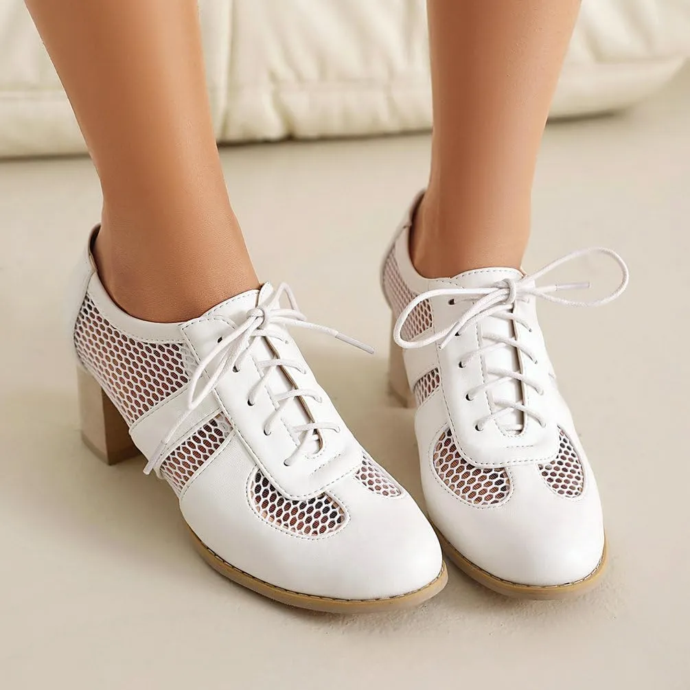 Women's Round Toe Chunky High Heels Oxford Shoes Mesh Cutout Lace Up Wingtip Brogues Saddle Shoes