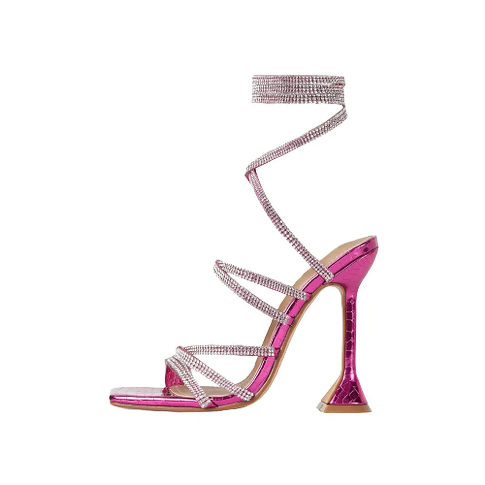 Women's Square Open Toe High Heel Rhinestone Lace Up Sandals-Hasta By LEMONADE