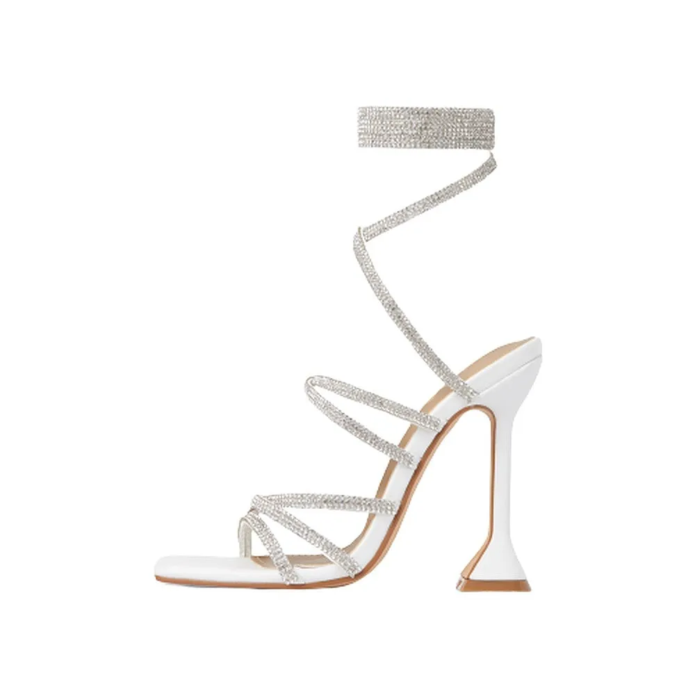 Women's Square Open Toe High Heel Rhinestone Lace Up Sandals-Hasta By LEMONADE