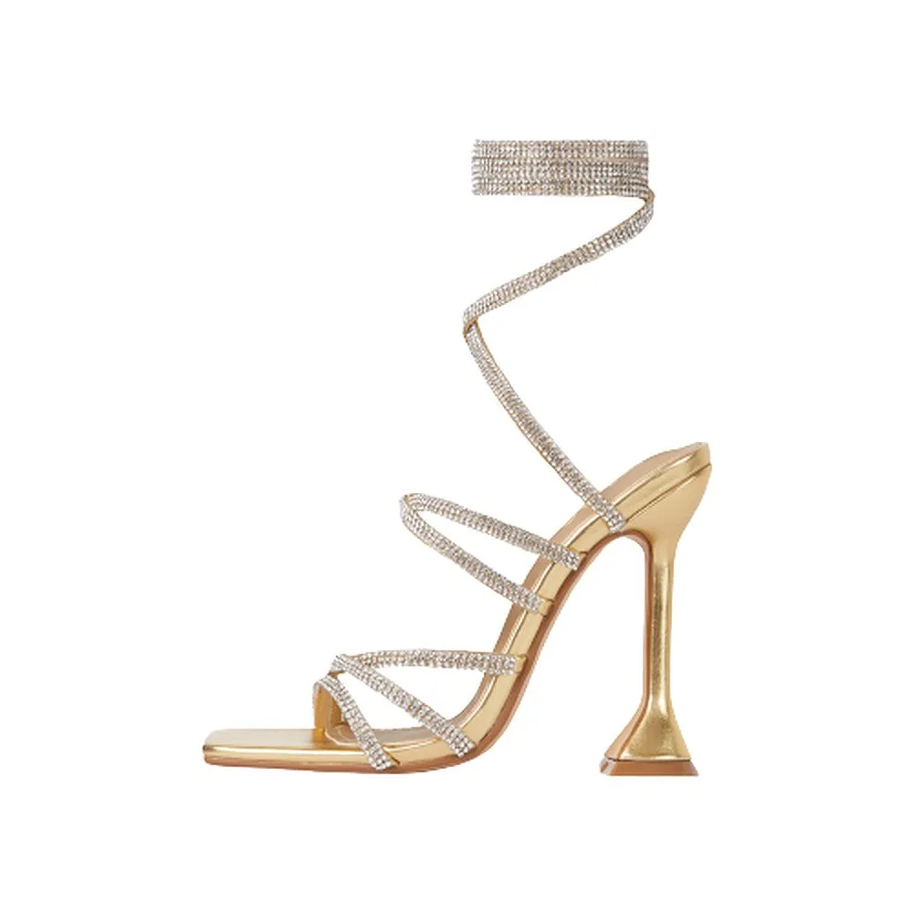 Women's Square Open Toe High Heel Rhinestone Lace Up Sandals-Hasta By LEMONADE