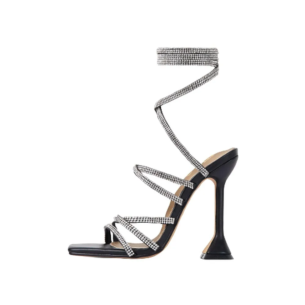 Women's Square Open Toe High Heel Rhinestone Lace Up Sandals-Hasta By LEMONADE