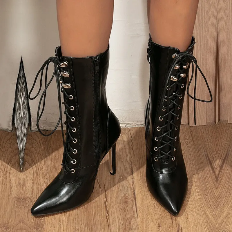 xiangtuibao Autumn Winter Women Ankle Boots Sexy Pointed Toe Pole Dance High Heels Pumps Fashion Zip Lace-Up Chelsea Shoes Female Size 35-43