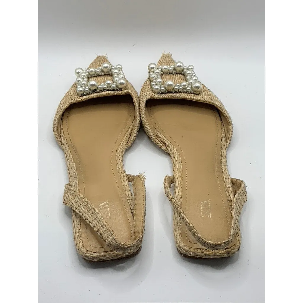 ZARA Women's beige Raffia Weave Pearl Embellished Slingback Sandals SZ 41(US10)