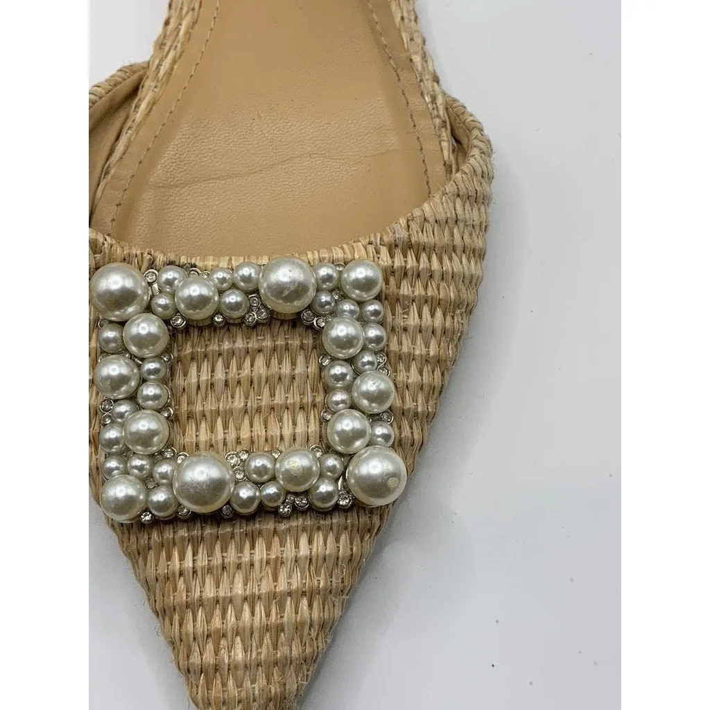 ZARA Women's beige Raffia Weave Pearl Embellished Slingback Sandals SZ 41(US10)