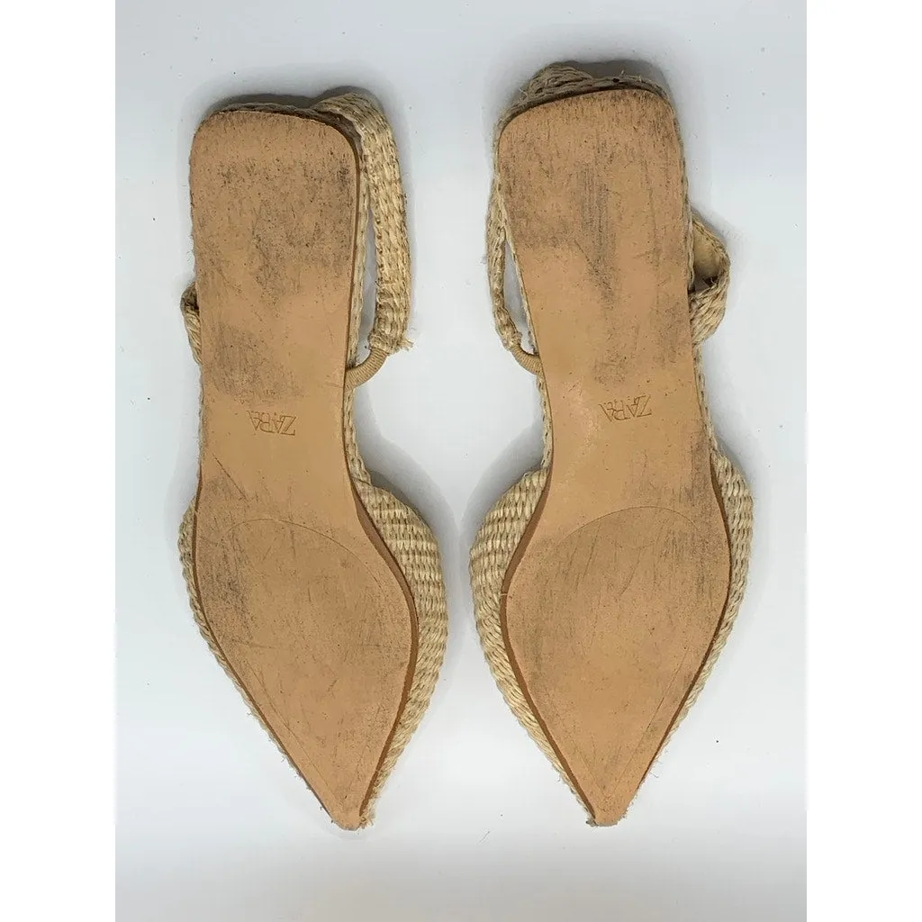 ZARA Women's beige Raffia Weave Pearl Embellished Slingback Sandals SZ 41(US10)