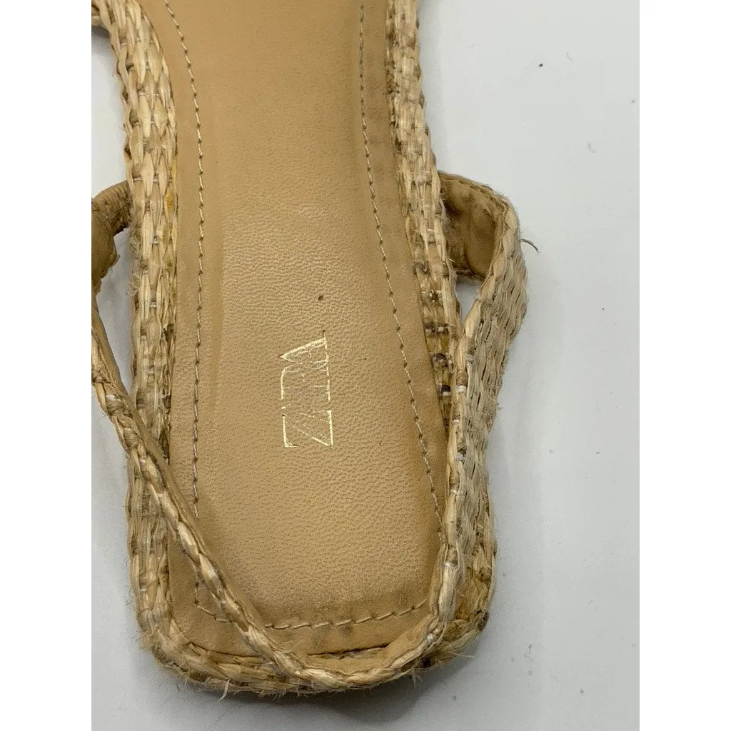 ZARA Women's beige Raffia Weave Pearl Embellished Slingback Sandals SZ 41(US10)