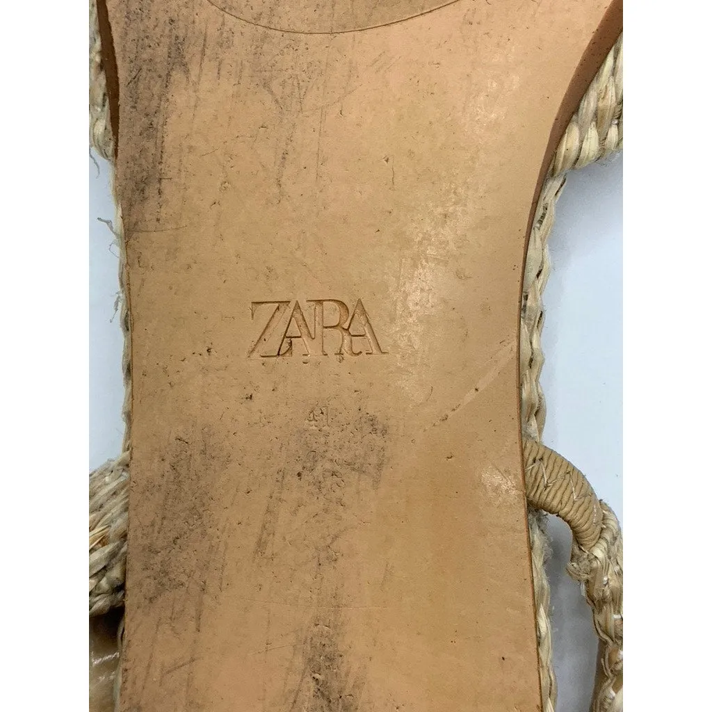 ZARA Women's beige Raffia Weave Pearl Embellished Slingback Sandals SZ 41(US10)