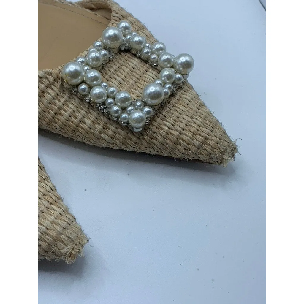 ZARA Women's beige Raffia Weave Pearl Embellished Slingback Sandals SZ 41(US10)
